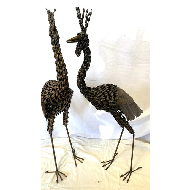 Vintage Artisan Crafted Recycled Metal Standing Crane Sculptures- A Pair For Sale - Image 12 of 18