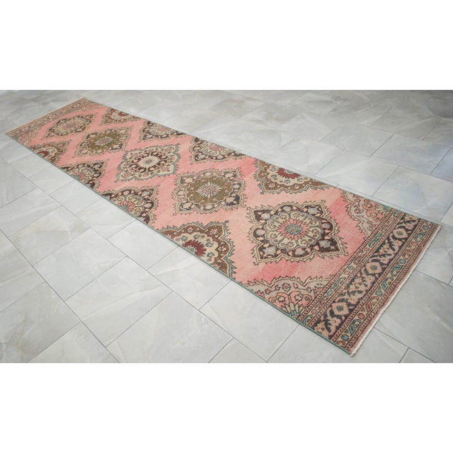Textile Hand-Knotted Oushak Runner Rug Faded Pink Low Pile Hallway Decor Kitchen Rug- 3'2″x 12'4″ For Sale - Image 7 of 14