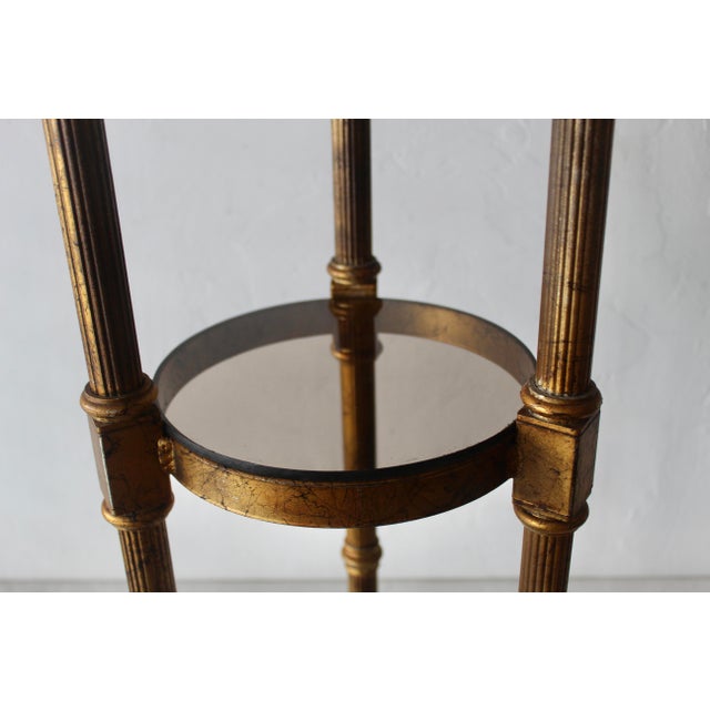 1970s Maitland Smith Style Vintage Hollywood Regency Gilded Metal Wood Smoked Glass Three Tiered Plant Stand For Sale - Image 5 of 11
