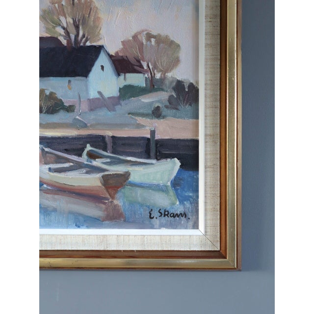 Textile Mid-Century Modern 'Cottages by Quiet Water' Swedish Original Landscape Oil Painting, Framed For Sale - Image 7 of 11