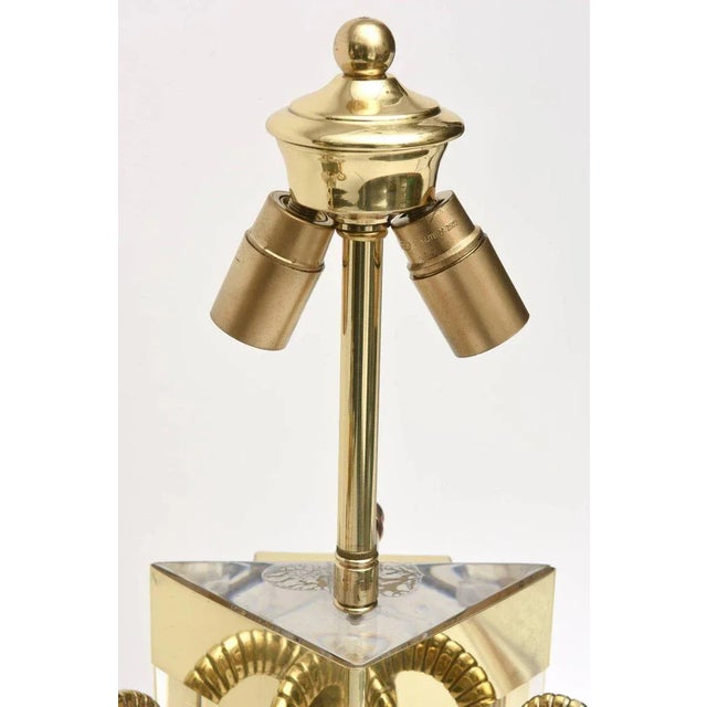 Metal Vintage Hollywood Regency Style Lucite and Polished Brass Ram's Head Wall Sconces Pair Of For Sale - Image 7 of 11