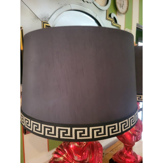 1990s Custom Finished Red, Gold Leaf Greek Goddess Black Shade Greek Key Trim Tall Table Lamps Tony Duquette Style - a Pair For Sale - Image 10 of 15