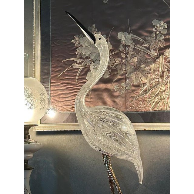 Mid-Century Modern 1970s 30" Signed Licio Zanetti Murano Latticino Italian Art Glass Heron Crane Bird Sculpture For Sale - Image 3 of 12