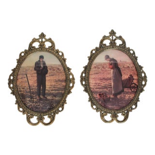 Vintage Metal Picture Frames With Curved Glass, Featuring Prints of a Farmer and His Wife Praying For Sale
