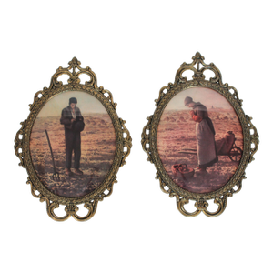 Vintage Metal Picture Frames With Curved Glass, Featuring Prints of a Farmer and His Wife Praying