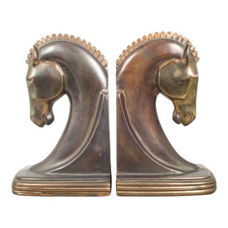 Bronze and Copper Plated Machine Age Trojan Horse Bookends by Dodge Inc. C.1930 For Sale