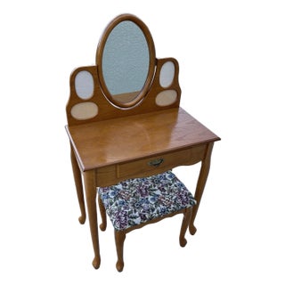 French Provincial Oak Picture Frame Vanity Mirror & Bench- Set of 3 For Sale