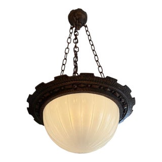 Antique Hammered Bronze Chandelier With Moonstone Cast Glass Dome For Sale