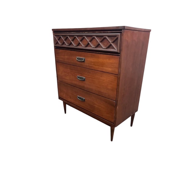 Wood Mid Century Modern Diamond Geometric Design Highboy Dresser Chest For Sale - Image 7 of 14