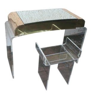 Vintage 1960s Mirrored Vanity and Lucite Stool For Sale