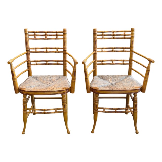 19th Century Pair of Painted Faux Bamboo Armchairs With Rush Seats For Sale