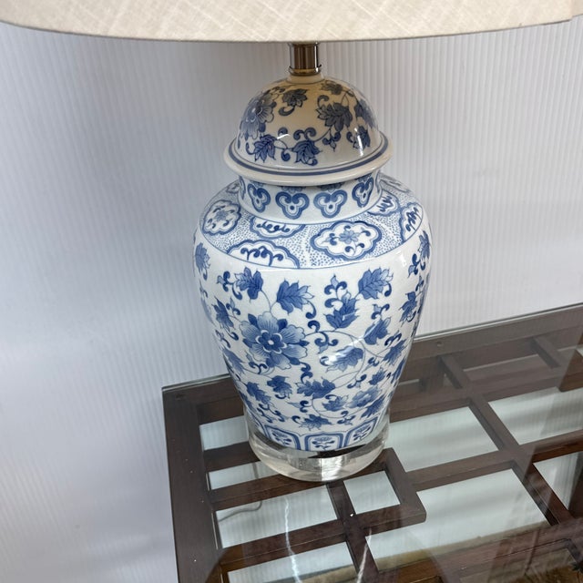 Asian Blue + White Porcelain Table Lamp For Sale - Image 3 of 11