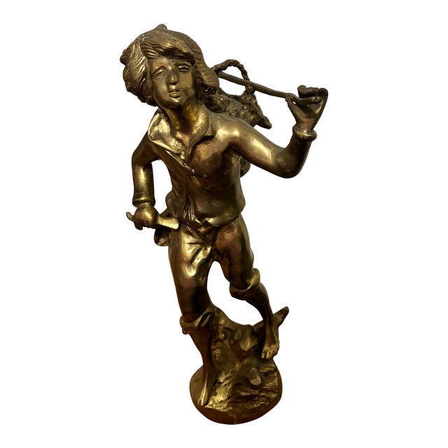 1980s Vintage Cast Brass Wine Grape Harvest Sculpture Statue of a Young Man For Sale