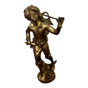 1980s Vintage Cast Brass Wine Grape Harvest Sculpture Statue of a Young Man