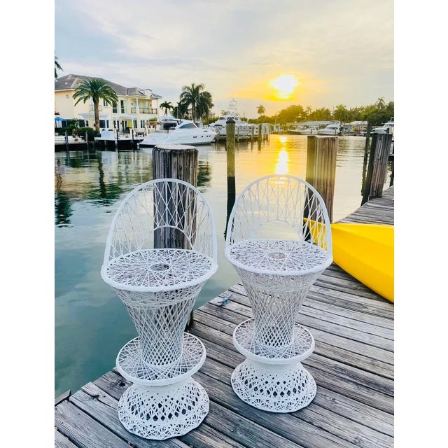 Set of 2 Russell Woodard spun fiberglass outdoor bar stools. Freshly lacquered White. If needed we have a other set available