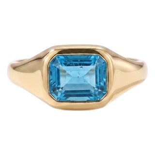 Swiss Blue Topaz Signet Ring • Emerald Cut Gemstone Statement Ring • December Birthstone Ring Us 7 For Sale