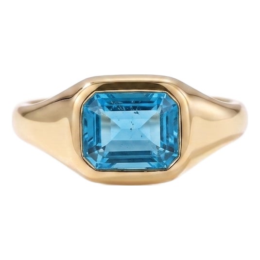Swiss Blue Topaz Signet Ring • Emerald Cut Gemstone Statement Ring • December Birthstone Ring Us 7 For Sale