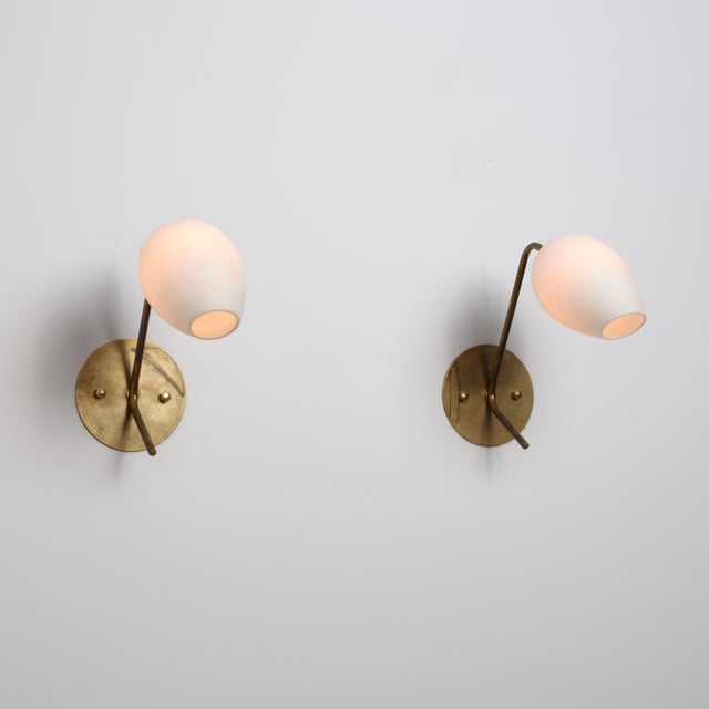 Mid-Century Modern Italian Wall Sconces in Brass and Opaline Glass, 1950s, Set of 2 For Sale - Image 3 of 9