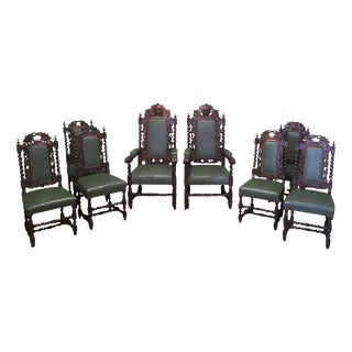 Victorian Gothic Jacobean Oak Dining Chairs, Set of 10 For Sale