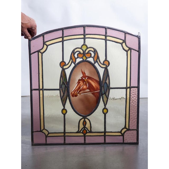 Art Deco Stained Glass Window Panel with Hand-Painted Horse Medallion, 1920 For Sale - Image 4 of 8