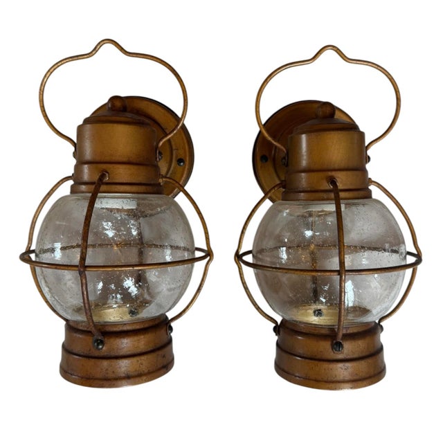 American Vintage Caged Lantern Copper Painted Outdoor Wall Sconces For Sale - Image 3 of 7