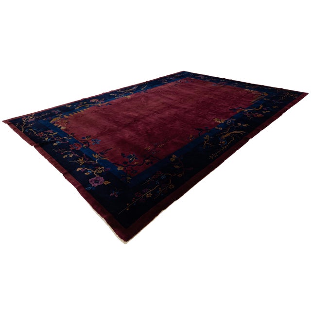 Antique Chinese Art Deco Rug in Deep Burgundy Plum With Floral & Bird Border For Sale - Image 10 of 12