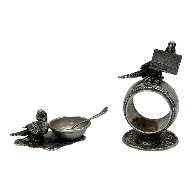 Antique Parrot Form Silver Plated Table Accessory Set - Napkin Ring + Salt Dish For Sale
