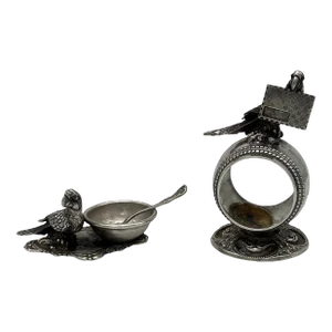 Antique Parrot Form Silver Plated Table Accessory Set - Napkin Ring + Salt Dish