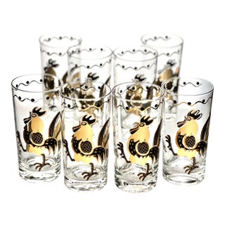 Mid 20th Century Hollywood Regency Rooster Highball Glasses - Set of 8 For Sale