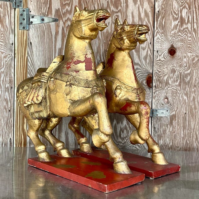 Vintage Asian Gilt Carved Wooden Emperor Horses - a Pair For Sale - Image 10 of 13