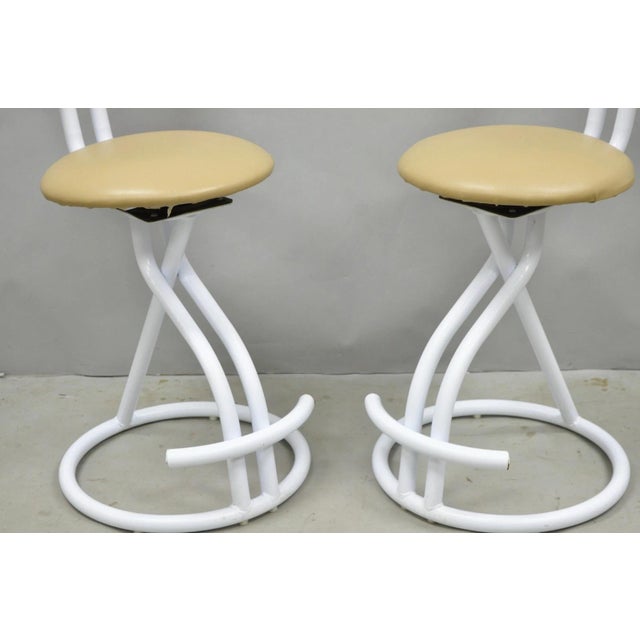 Metal Vintage Postmodern Memphis Style White Tubular Metal Swivel Bar Stools - A Pair For Sale - Image 7 of 17