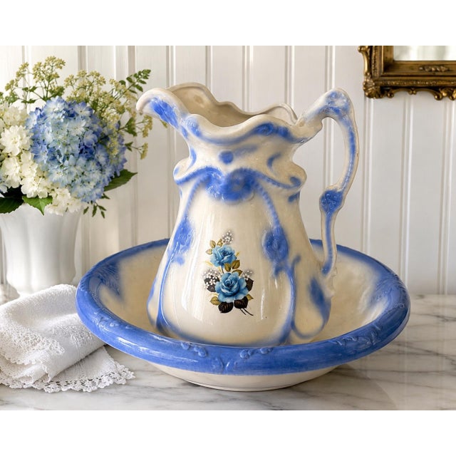 Early 20th Century Blue & Ivory Ceramic Wash Basin and Pitcher Set For Sale - Image 12 of 12