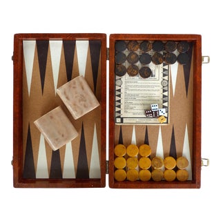Mid-Century Modern Backgammon Set W/ Bakelite Pieces & Travel Case For Sale