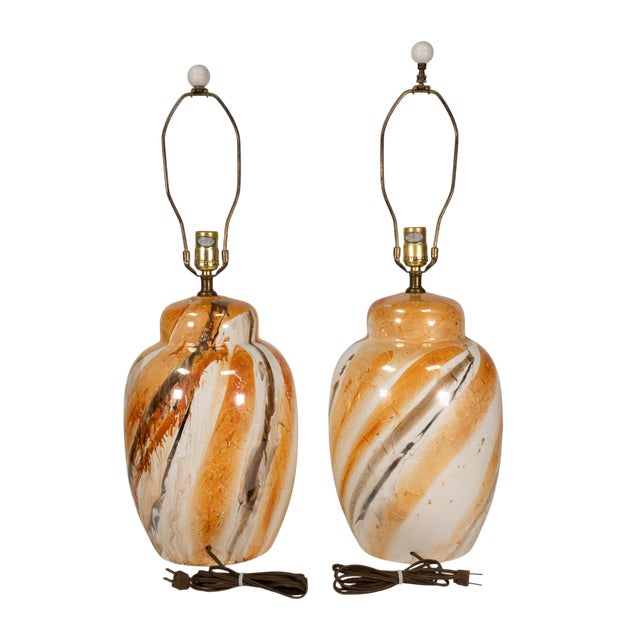 1970s Vintage Morris Greenspan Marbled Glazed Drip Ceramic Table Lamps - Pair For Sale - Image 5 of 17