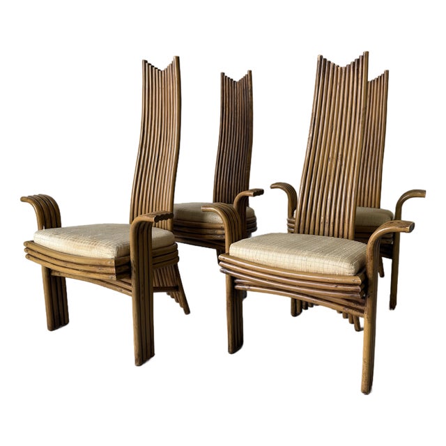 Vintage Boho Chic McGuire Style Sculptural Tall Back Rattan Arm Dining Chairs – Set of 4 For Sale
