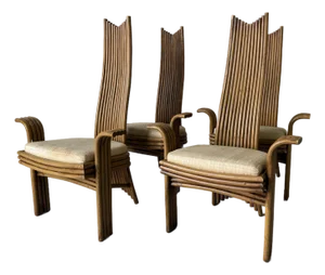 Vintage Boho Chic McGuire Style Sculptural Tall Back Rattan Arm Dining Chairs – Set of 4