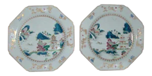 Chinese Export Porcelain 18th Century Famille Rose Glaze Octagonal Chargers Platters - A Pair