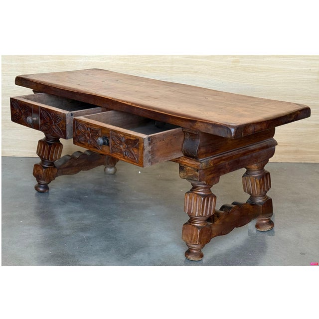 19th Spanish Low Console Table with Solomonic Legs & Two Carved Drawers For Sale - Image 13 of 18