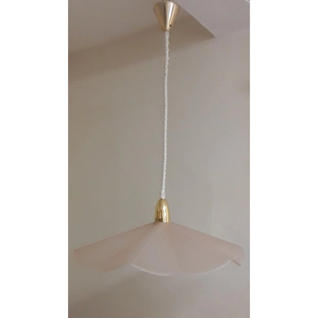 Vintage Ceiling Lamp with Pink-Tinted Relief Glass Shade on Brass Mount, 1970s, in Very Good conditions. Designed 1970 to...