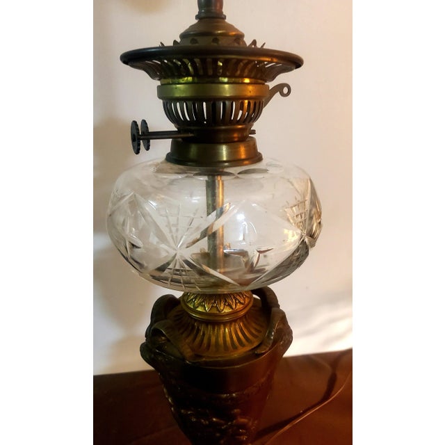 For your consideration are these Two Large Neoclassical English Sherwood converted oil lamps. Made of cut glass, bronze,...