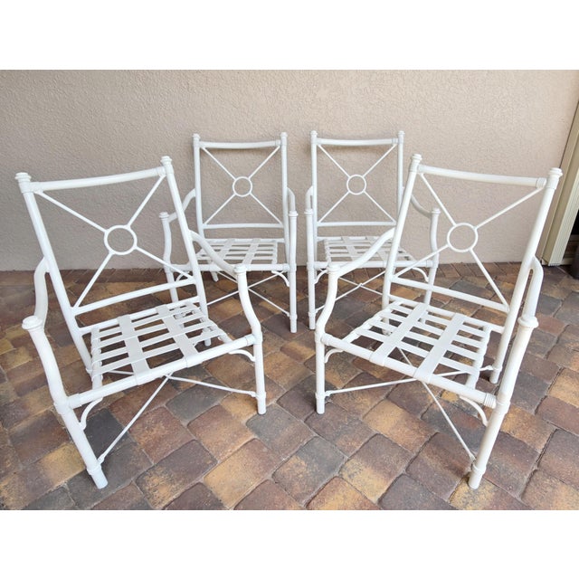 Hollywood Regency Vintage Palm Beach Chic Target X Back Aluminum Armchairs - Set of 4 For Sale - Image 3 of 15