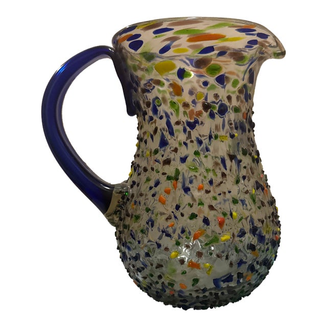 1980s Mexican Hand-Blown Confetti Rock Glass Pitcher – Multicolored Artisan Glassware For Sale