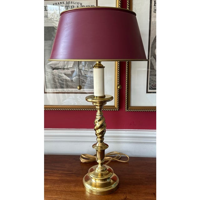1970s Classic Brass Table Lamp With Red Tole Shade For Sale - Image 5 of 9