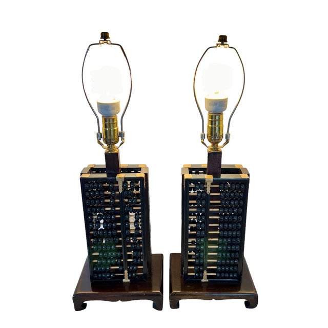 Mid 20th Century Chinoiserie Abacus Table Lamps, Ebonized Wood & Gold Accents, 1960s For Sale - Image 5 of 11