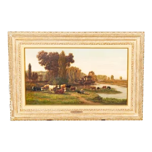 Framed Oil on Panel Cows by Stream by Louis Coignard