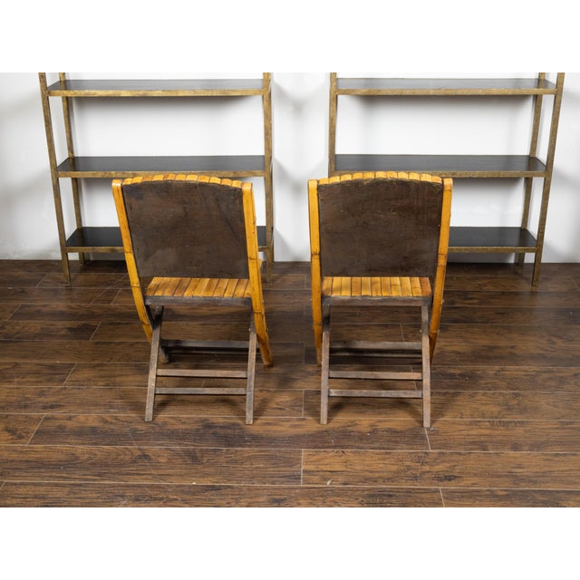 Pair of Midcentury Bamboo Folding Chairs with Slatted Design and Light Patina For Sale - Image 9 of 10