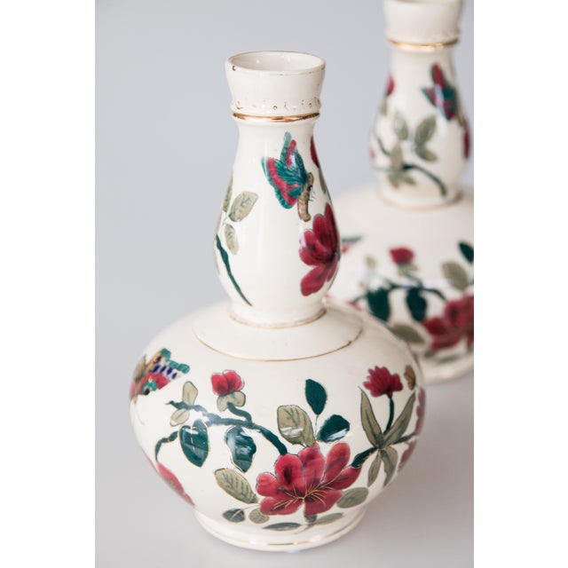 Antique Italian Floral & Butterflies Double Gourd Vases - a Pair For Sale - Image 4 of 9