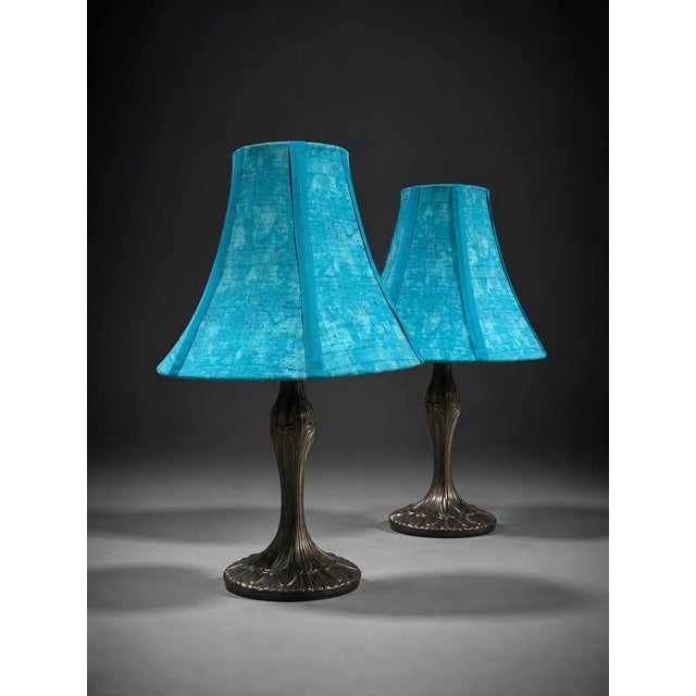 Mid 20th Century Mid 20th Century Matching Pair of Blue Shade Table Lamps With Bronze Tone Bases For Sale - Image 5 of 6