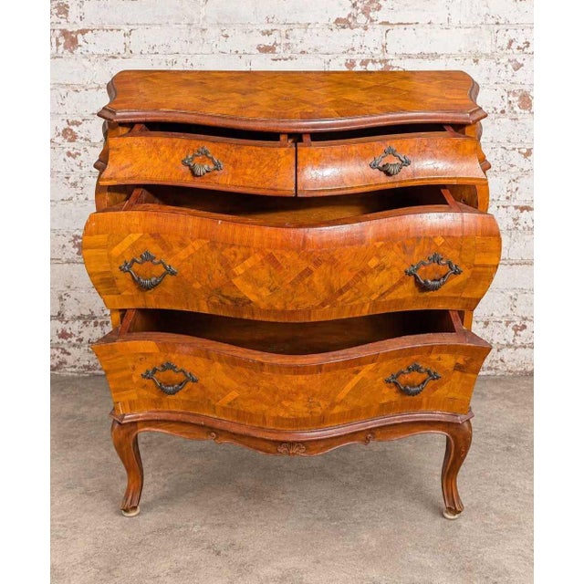 Vintage Goldsmith's of Harrisburg Pa Parquetry Bombe Commode | Louis XV Style Figured Wood 4-Drawer Chest For Sale - Image 10 of 12
