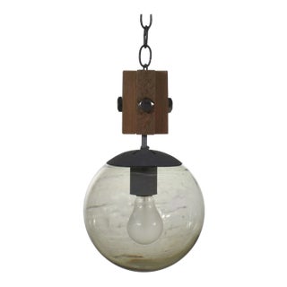 Mid Century Modern Brutalist Pendant Light Wood & Smoked Glass Globe Black Chain N O S For Sale